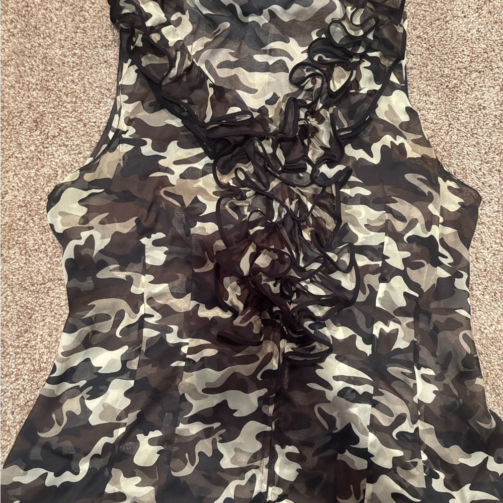 Anne Fontaine Black and White Camouflage Ruffle Blouse
